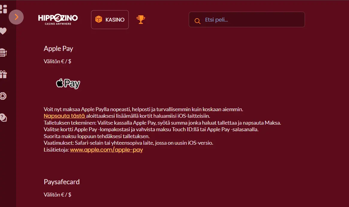 Hippozino Kasino - Apple Pay