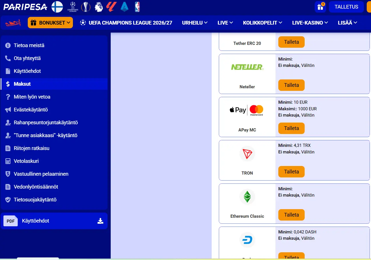 Paripesa kasino - Apple Pay