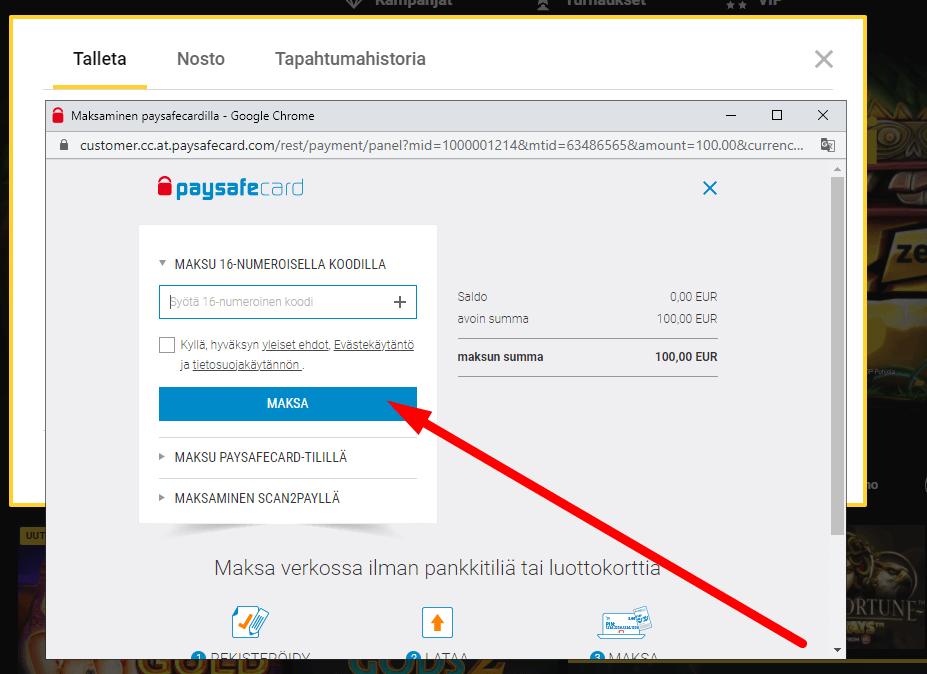 Sy&ouml;t&auml; paysafecardin koodi