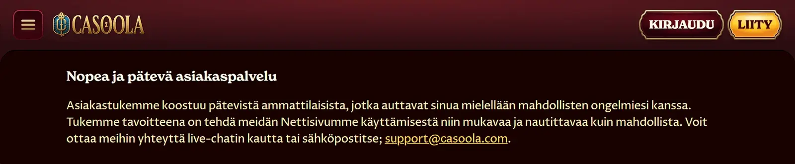Casoola Casinon asiakastuki Suomessa 