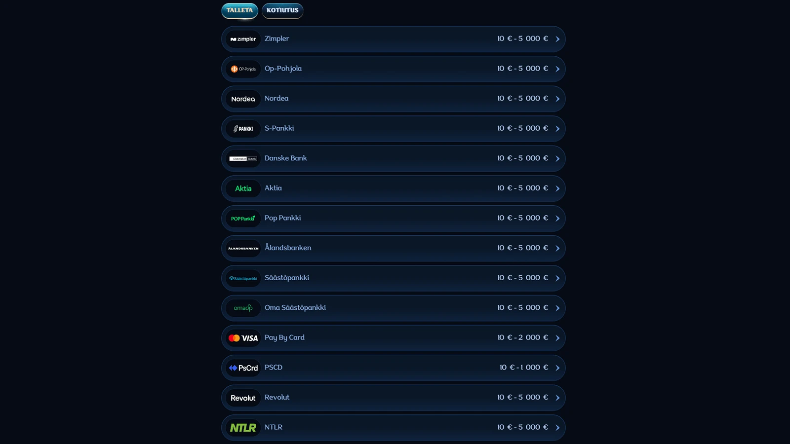Millioner Casinon maksutavat Suomessa 