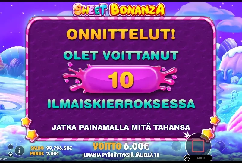 pragmatic play sweet bonanza pelin 10 ilmaiskierroksen aktivoituminen 