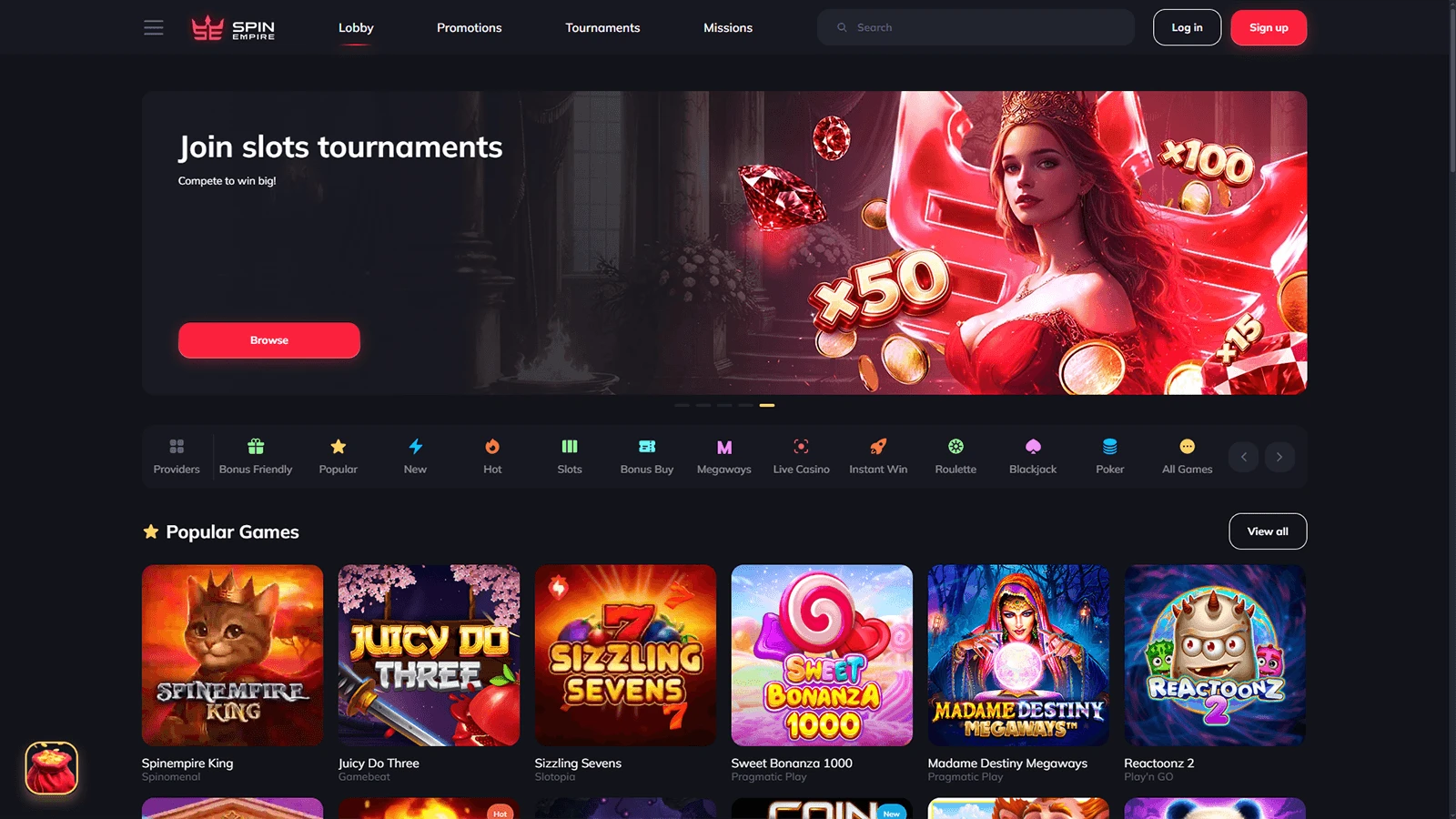 Spin Empire Casinon kotisivu Suomessa 