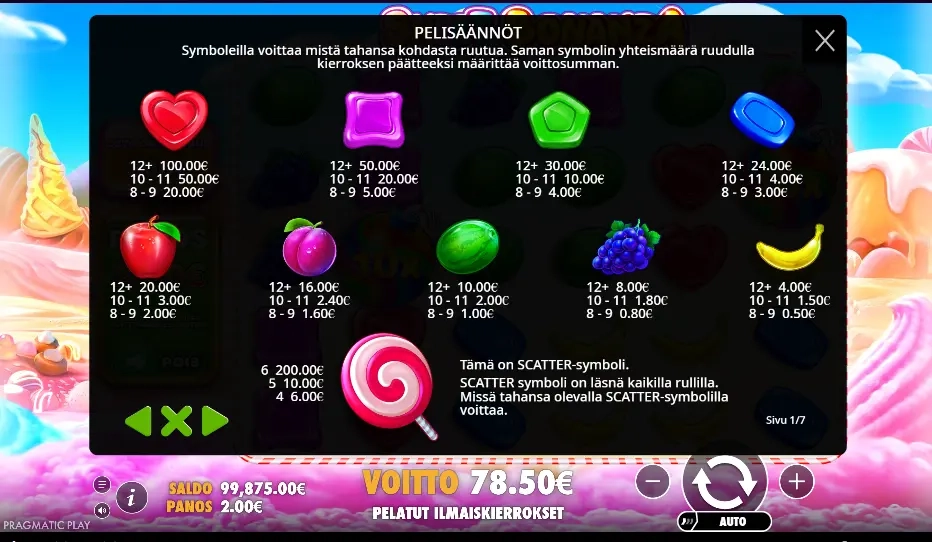 sweet bonanza voittotaulukko karkki ja hedelmasymbolit 